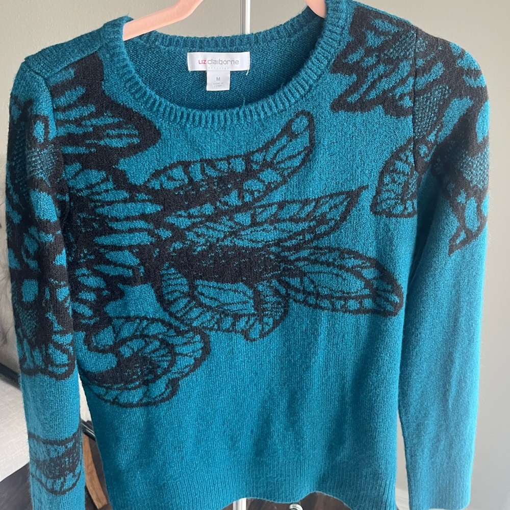 Liz Claiborne Teal and Black Floral Sweater